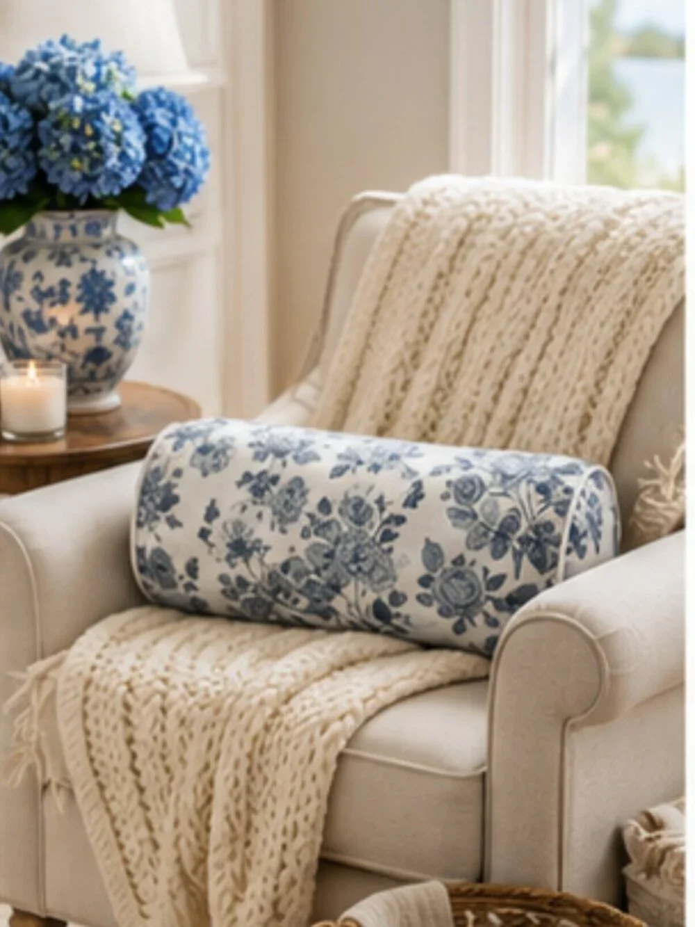 My Texas House Blue Floral Bolster Pillow 16